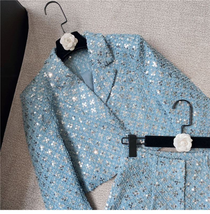 Rose Sequined Glitter Blazer Jacket Shorts Set