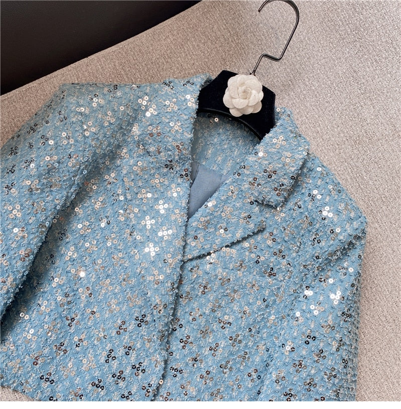 Rose Sequined Glitter Blazer Jacket Shorts Set