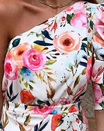 One Shoulder Floral Print Bodycon Dress
