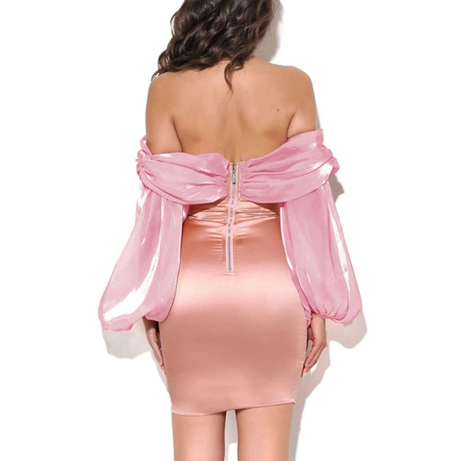 Off Shoulder Long Sleeve Pink Bodycon