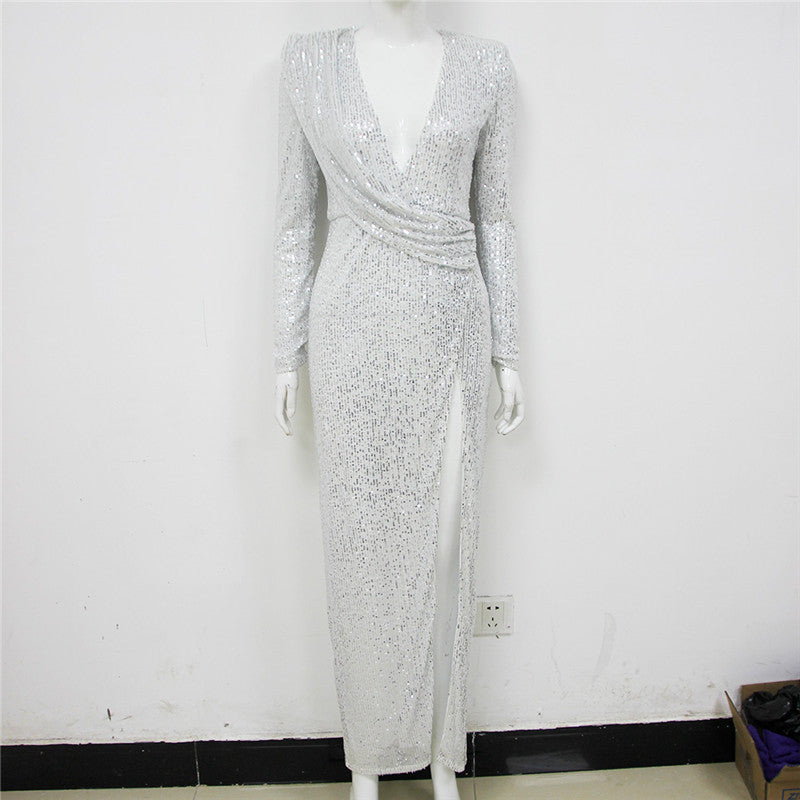 Val Deep V Glitter Sequins Dress